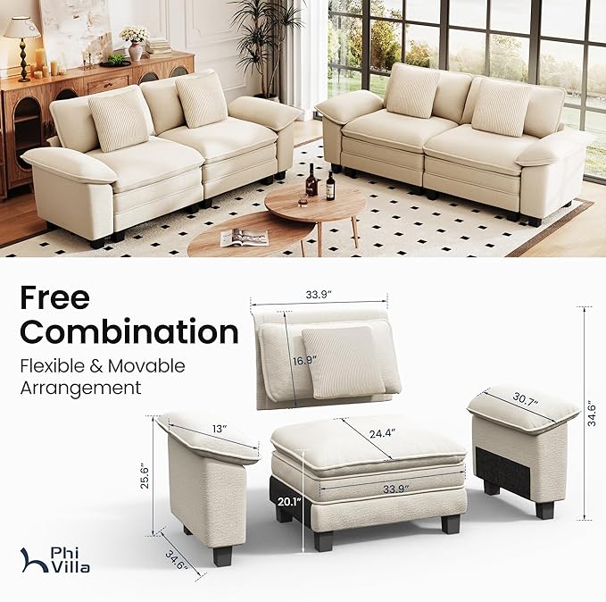 PHI VILLA Cloud Modular Couches Sets, 2 Pieces Sectional Loveseat Sofa Set, 4-Seater Comfy Couch for Living Room Apartment, Chenille Fabric, Beige