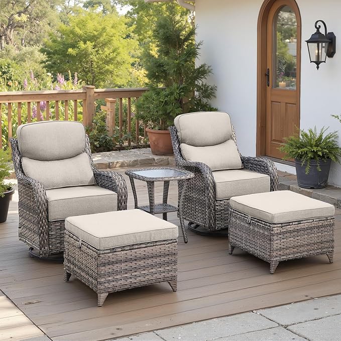 Belord Luxury 6" Thick Cushioned 5 Pieces Patio Furniture Set with 2 Ottomans, Wicker Outdoor Conversation Set with High Back Swivel Rocker Patio Chairs for Deck Porch Yard and Poolside - Grey+Beige
