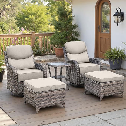 Belord Luxury 6" Thick Cushioned 5 Pieces Patio Furniture Set with 2 Ottomans, Wicker Outdoor Conversation Set with High Back Swivel Rocker Patio Chairs for Deck Porch Yard and Poolside - Grey+Beige