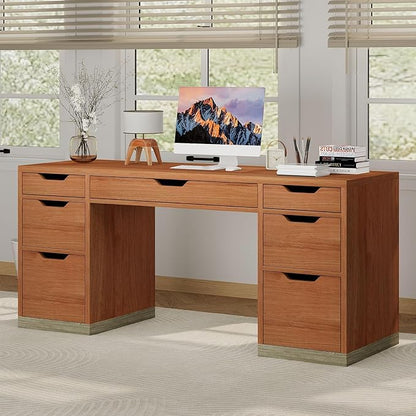 54 Inch Executive Desk with Drawers, Computer Desk with 7 Drawers for Bedroom, Office Desk with File Cabinet for Work Study Writing, Small Spaces, Brown