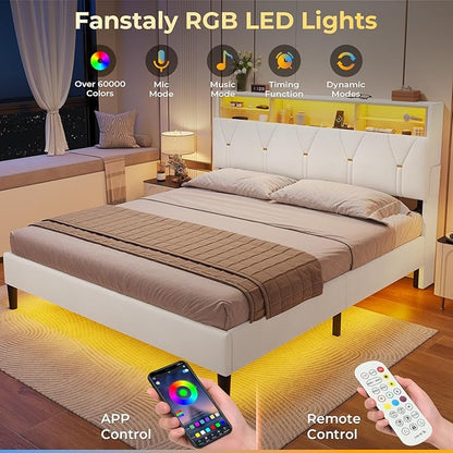 Queen Bed Frame with Storage Headboard and RGB LED Lights, Velet Upholstered Platform Bed Frame Queen Size with Type-C & USB Charging Station, Stable Easy Assembly,Creamy White