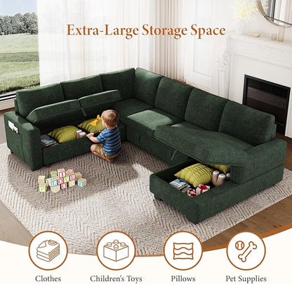 Vesgantti 113.6" Modular Sectional Sofa with Pull Out Couch Bed, 7 Seater U Shaped Sleeper Sofa with Storage Chaise, Chenille Sectional Couch for Living Room, Bedroom, Apartment, Green