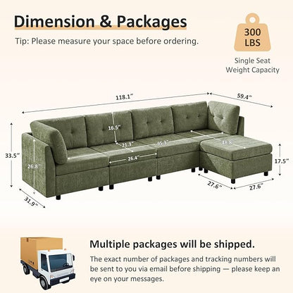 VANOMi 4 Seat Cloud Couches for Living Room with Ottoman, 118" Modular Sectional Sofas & Couches, Cozy Chenille Cloud Sectional Couch Sofa for Apartment, Office, Olive Green, L Shaped