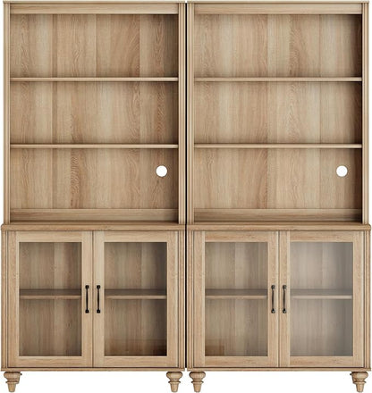 WAMPAT 5 Tier Bookshelf 72" Tall Bookcase with Glass Doors,Large Farmhouse Display Book Shelf with Adjustable Shelves and Storage Cabinet，Library Wood Bookshelves for Living Room,Kitchen, Oak(2PCS)
