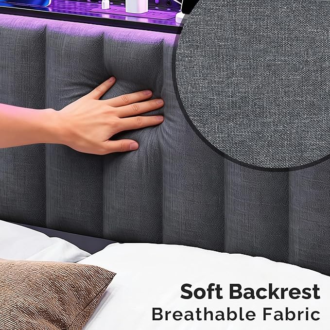 VINGLI Full Size Headboard Only, Adjustable Upholstered Headboard with 2 Tier Shelves and Pegboard with Charging Stations and LED Lights, Modern Bed Headboard with Storage for Bedroom Decor