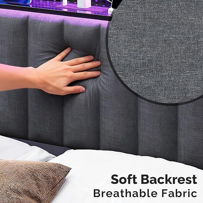 VINGLI Full Size Headboard Only, Adjustable Upholstered Headboard with 2 Tier Shelves and Pegboard with Charging Stations and LED Lights, Modern Bed Headboard with Storage for Bedroom Decor
