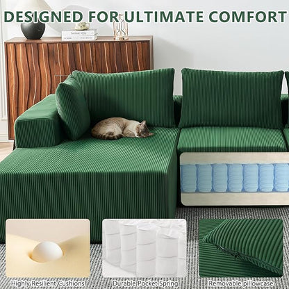 109" Cloud Sectional Couch, Boneless Couches for Living Room, Modular Sectional Sofa with Deep Seat, L-Shape Couch with Chaise, Comfy Corduroy Fluffy Modern Modular Sofa, No Assembly Required, Green