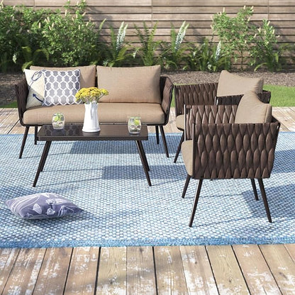 Barton 4 Piece Bistro Sofa Set w/Cushions Coffee Table Outdoor Patio Wicker Rattan Furniture Space Saving