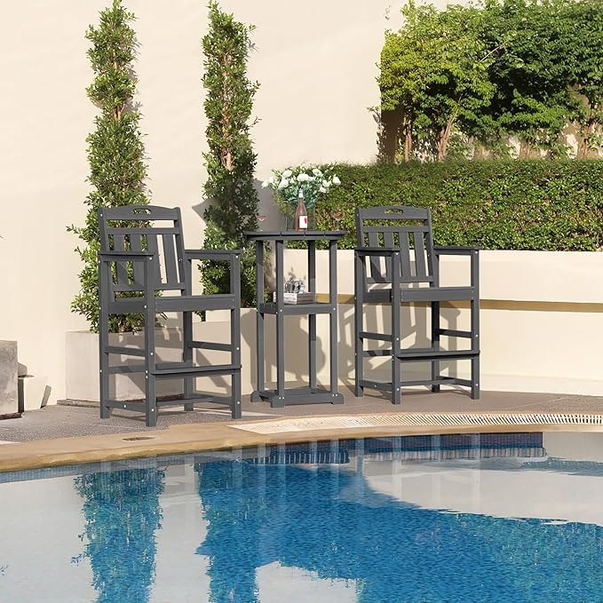 HDPE Outdoor Patio Bar Set with Bar Height Table and 2 Adirondack Chairs, All-Weather High Top Outside Round Pub Furniture for Bistro, Garden, Backyard, Deck | 3-Pieces, Grey