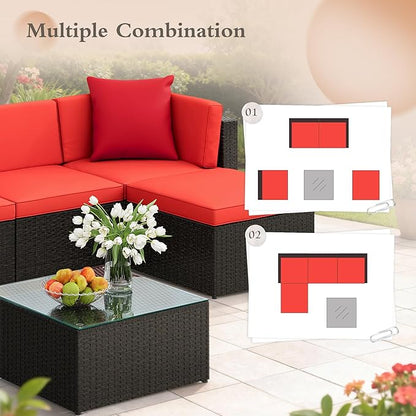 JUMMICO 5 Pieces Patio Furniture Set, Outdoor Sectional Sofa Conversation Sets, Couch Rattan Chair Wicker with Ottoman Cushion, Glass Tea Table and Pillows for Backyard Porch Garden Pool Balcony, Red