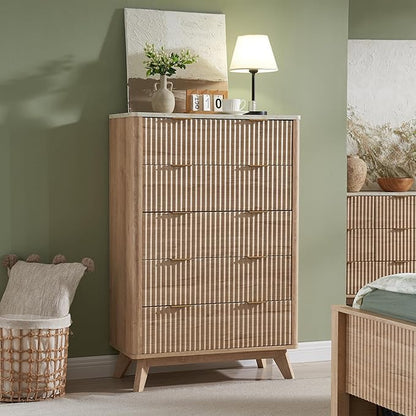 T4TREAM Fluted 5 Drawers Dresser, 48" Tall Modern Chest of Drawers with Faux Marble Top, Curved Profile Design, Wood Drawer Organizer for Bedroom, Living Room, Hallway, Entryway, Natural Oak
