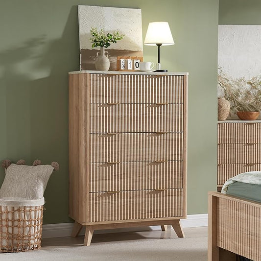 T4TREAM Fluted 5 Drawers Dresser, 48" Tall Modern Chest of Drawers with Faux Marble Top, Curved Profile Design, Wood Drawer Organizer for Bedroom, Living Room, Hallway, Entryway, Natural Oak