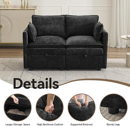 55" Cloud Modular Loveseat Sofa with Storage, Modern Upholstered Sofa Couch Small Love Seat，2 Seater Chenille Comfy Sectional Sofa with Armrests for Living Room, Small Space, Black