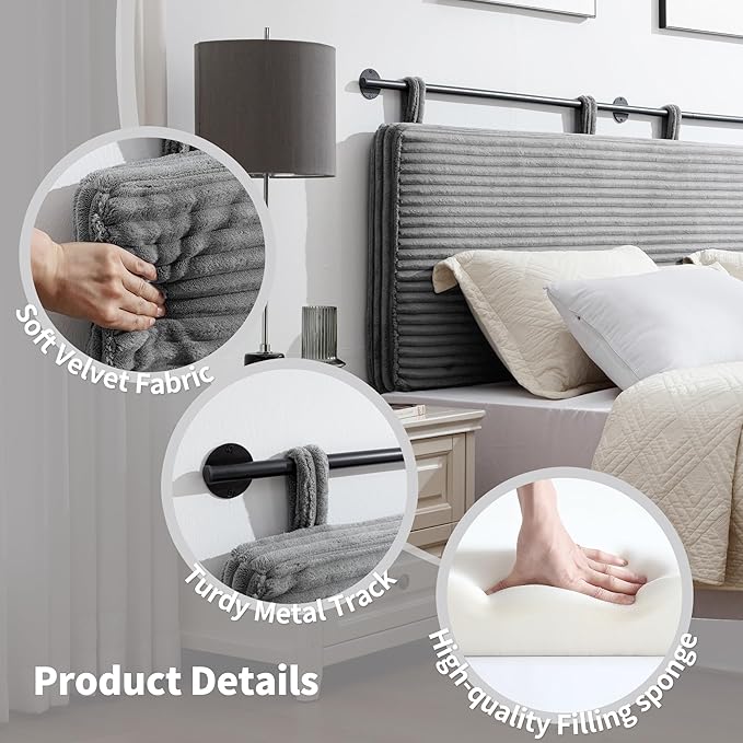 UEV Queen Headboard Only, Wall Mounted Hanging Upholstered Bed Head Board, Modern Vertical Channel Design of Fine Flannel, Elegant Grey Fluted Headboard for Bedroom (Grey, Queen Size)