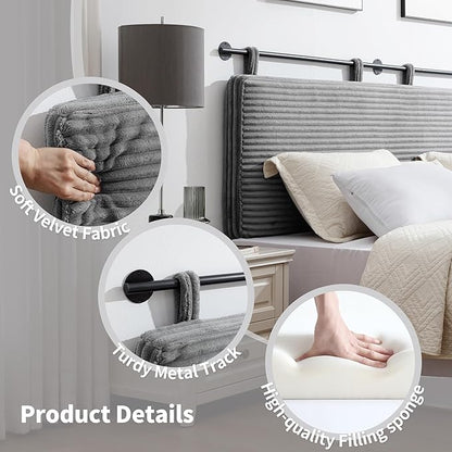 UEV King Headboard Only, Wall Mounted Hanging Upholstered Bed Head Board, Modern Vertical Channel Design of Fine Flannel, Elegant Grey Fluted Headboard for Bedroom (Grey, King Size)