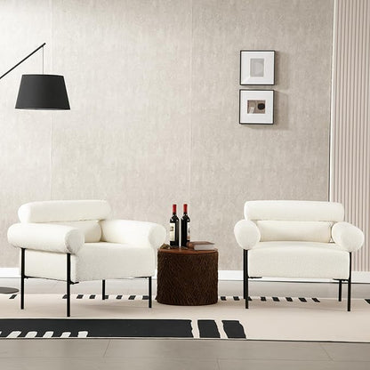 Modern Accent Chairs Set of 2, Boucle Sofa Accent Chairs for Living Room, Oversized Upholstered Sherpa Mid-Century Office Reading Armchairs with Channel Tufted for Bedroom, White