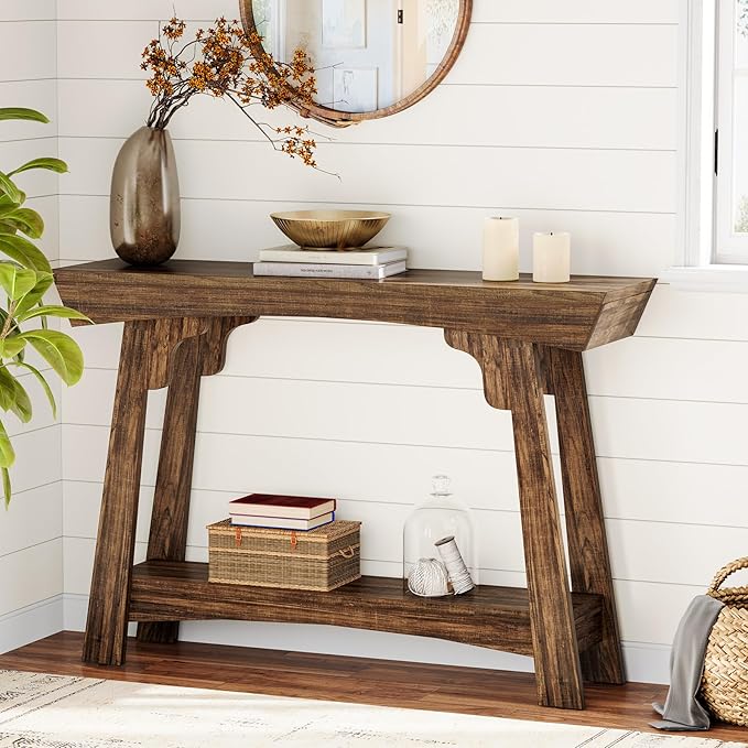Tribesigns 41.3" Farmhouse Console Table, Small Entryway Table with 2-Tier Storage, Narrow Wooden Sofa Table Behind Couch for Living Room, Foyer, Hallway, Rustic Brown