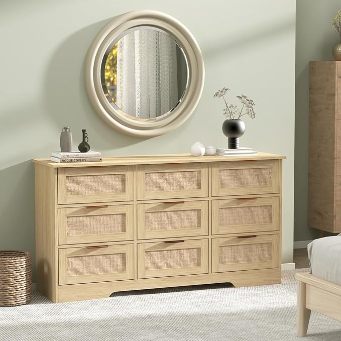 LTMEUTY 9 Drawer Dresser for Bedroom, Rattan Chest of Drawers, Modern Boho Wood Dresser Chest with Golden Handles, 55” Wide Large Storage Long Dressers Organizer for Closet, Entryway, Living Room
