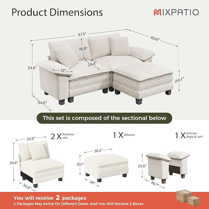 87-Inch L Shaped Sectional Sofa with Cloud Cushions, Deep Seat Modular Couch Set w/ 3 Seats & 1 Ottomans, Removable Arms, Chenille & Corduroy Upholstery for Living Room, Apartment - Beige