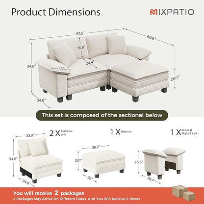 87-Inch L Shaped Sectional Sofa with Cloud Cushions, Deep Seat Modular Couch Set w/ 3 Seats & 1 Ottomans, Removable Arms, Chenille & Corduroy Upholstery for Living Room, Apartment - Beige