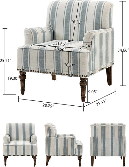 Accent Chair Set of 2, Mid Century Modern Comfy Armchair for Living Room, Linen Fabric Single Sofa Lounge for Reading Bedroom Apartment Waiting Room with Wood Legs-Blue Stripe