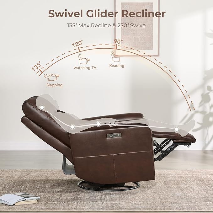 Watson & Whitely Genuine Leather Power Recliner Chairs W Power Headrest for Adults, Swivel Glider Recliner Chair W Charging Ports for Living Room, Dark Brown