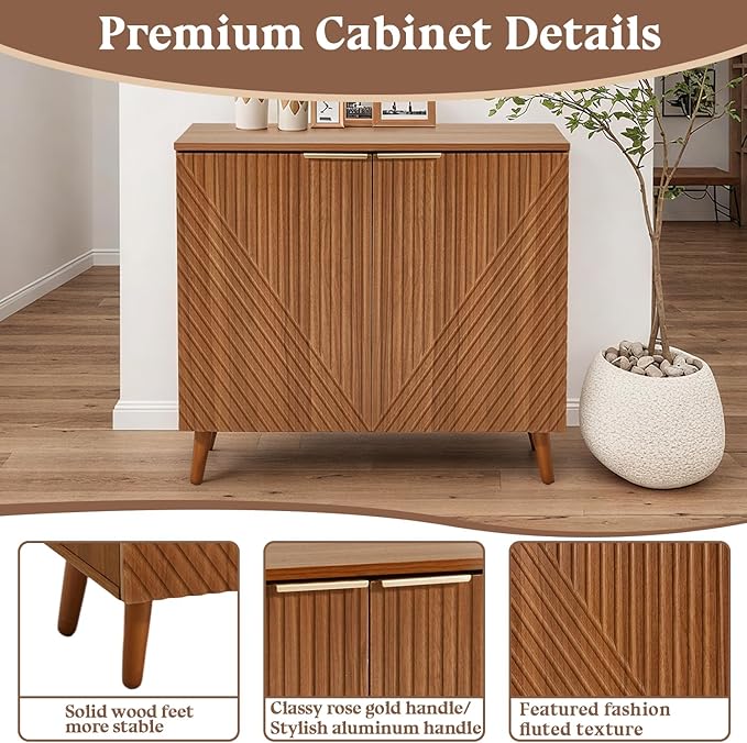 Fluted Storage Cabinet with Doors Set of 2, Wooden Sideboard Buffet Cabinet with Adjustable Shelves, Modern Accent Table for Living Room, Entryway, Brown