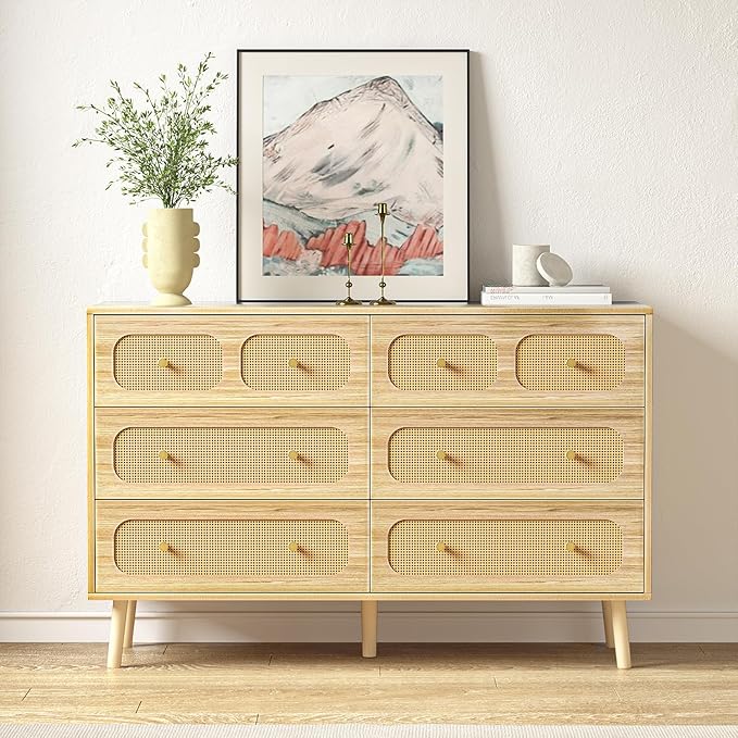 Rattan Dresser for Bedroom, Boho 6 Drawer Double Dresser with Gold Handles, Natural Wood Storage Dressers & Chest of Drawers, 6 Drawer Dressers