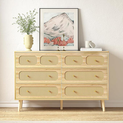 Rattan Dresser for Bedroom, Boho 6 Drawer Double Dresser with Gold Handles, Natural Wood Storage Dressers & Chest of Drawers, 6 Drawer Dressers
