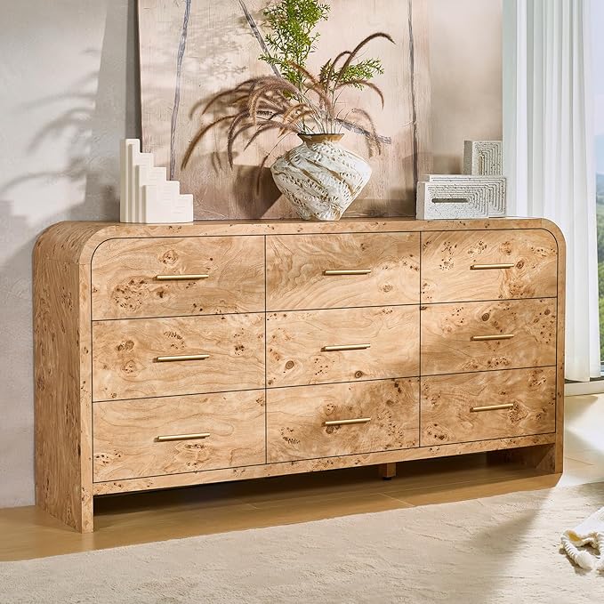 Curved 9-Drawer Dresser for Bedroom, 63" Wide Modern Chest of Drawers, Vanity Desk TV Stand for Living Room, Closet Storage Drawers Organizer Furniture, Nursery, Hallway, Light Burl