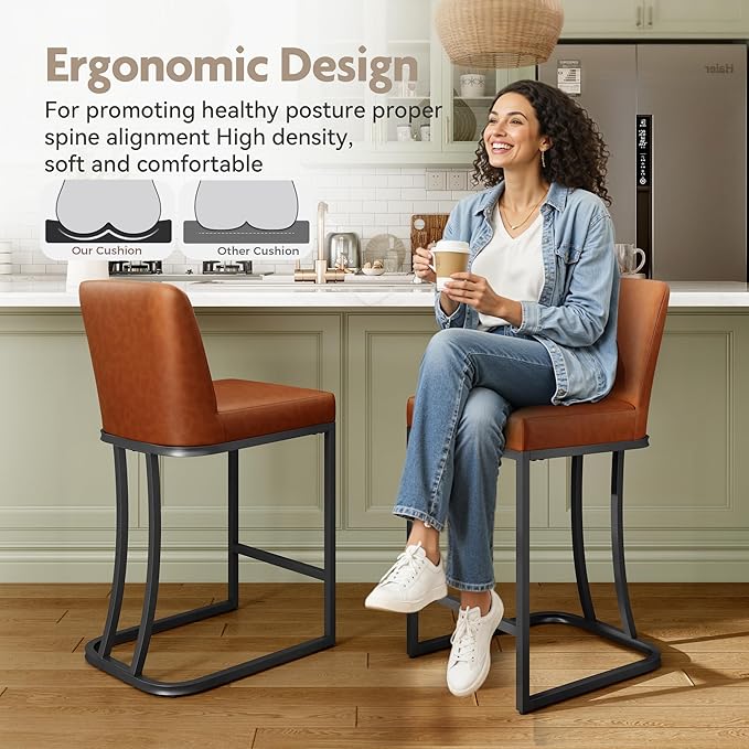 MAISON ARTS Counter Height Bar Stools with Back Set of 4 for Kitchen Counter, 24 Inch Modern Upholstered Faux Leather Barstools Farmhouse Bar Chairs Luxury Island Stools Support 330LBS, Brown