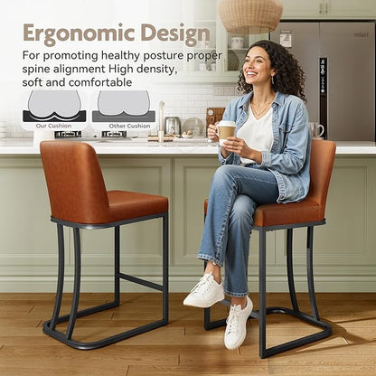 MAISON ARTS Counter Height Bar Stools with Back Set of 3 for Kitchen Counter, 24 Inch Modern Upholstered Faux Leather Barstools Farmhouse Bar Chairs Luxury Island Stools Support 330LBS, Brown