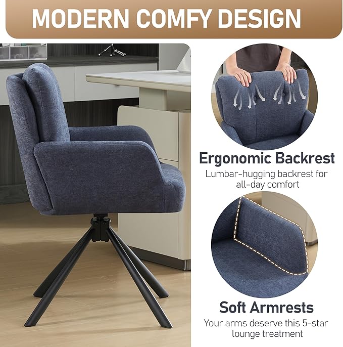 Fabric Dining Chair Modern Upholstered Swivel Dining Room Chairs Comfy Accent Armchair with Mid Back, Desk Arm Chair No Wheels for Kitchen/Living Room/Dining Room, Navy