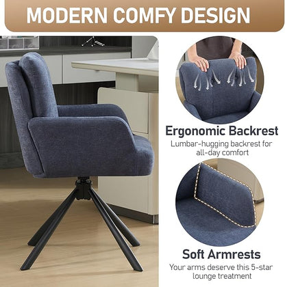 Fabric Dining Chair Modern Upholstered Swivel Dining Room Chairs Comfy Accent Armchair with Mid Back, Desk Arm Chair No Wheels for Kitchen/Living Room/Dining Room, Navy