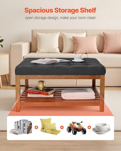 VEVOR Large Square Ottoman Coffee Table, 34.5 Inch Tufted Coffee Table with Solid Wood Shelf Storage, Linen Solid Upholstered Footrest Ottoman for Bedroom Living Room, 400 LBS, Dark Grey