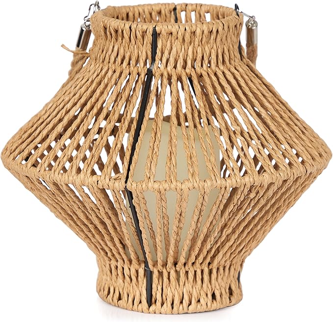 Alpine Corporation LAN420HH-BG-TM Hanging Woven Lantern with LED Candle and Timer, Boho Home Decor, 9" H, Beige