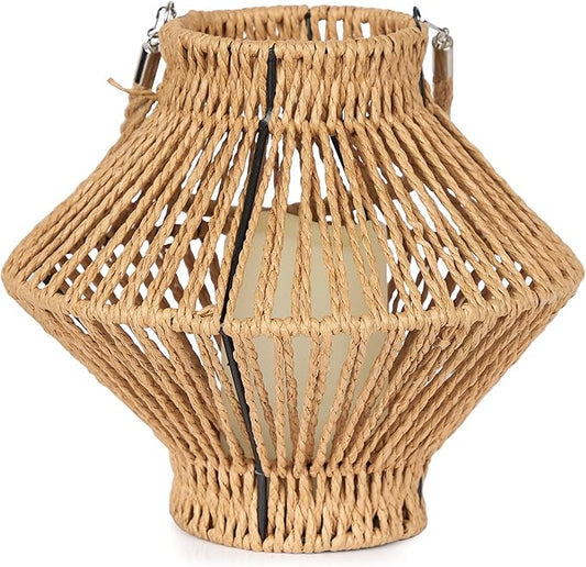 Alpine Corporation LAN420HH-BG-TM Hanging Woven Lantern with LED Candle and Timer, Boho Home Decor, 9" H, Beige