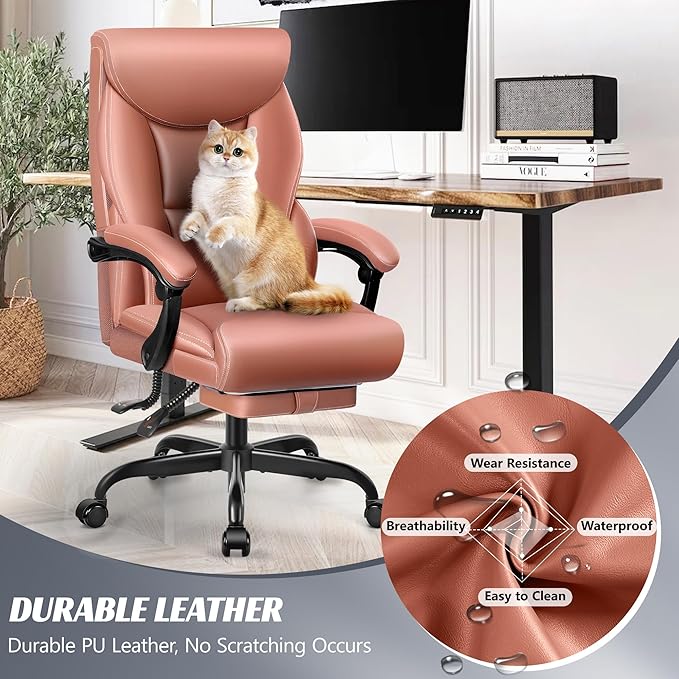 Office Chair, Executive Leather Chair Big and Tall Ergonomic Computer Desk Chair, Comfy Swivel Rolling Reclining Lumbar Support Task Chair with Adjustable High Back Foot Rest for Home Gaming