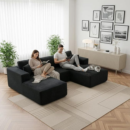 Modular Sectional Cloud Couch for Living Room,Modern Boneless Couche Set with Plush Corduroy,Comfy Floor Sofa with Memory Foam,Stupendous U Shaped Sofa,No Assembly Required,Black