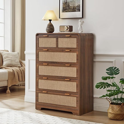 43" Tall Dresser for Bedroom, 5 Drawer Mid Century Modern Dresser with Natural Linen, Curved Wood Chest of Drawers Closet Clothes Storage Organizer for Living Room, Hallway (Walnut)