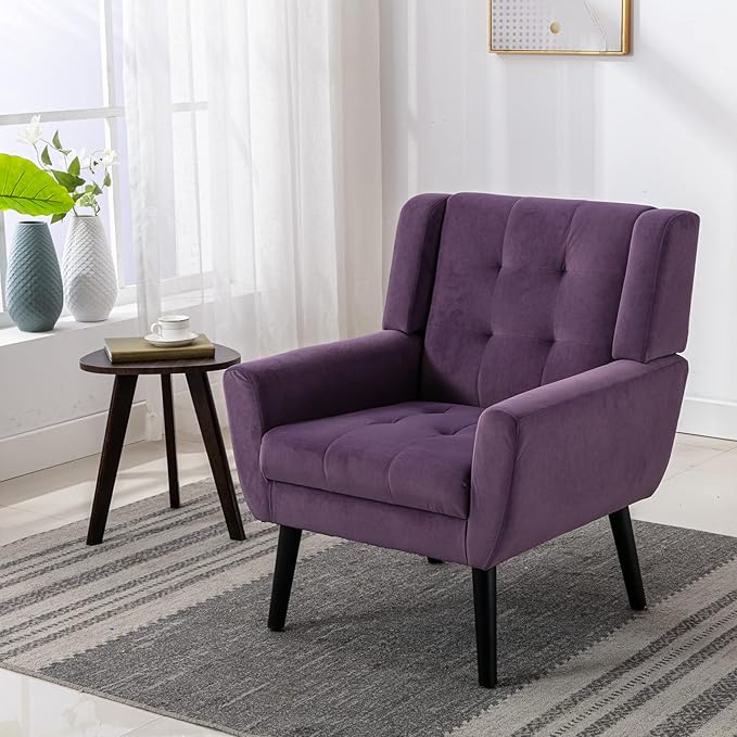 Dolonm Midcentury Modern Velvet Accent Chair with Arms, Upholstered Reading Side Chair Tufted Back Decorative Wingback Chair for Living Room Bedroom (Lavender Purple)