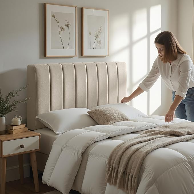 Nestl Upholstered Full Headboard - Easy Assemble Channel Stitched Headboard Full Size - Wall Mounted Headboards with 3D Soundproof Wall Panels Peel & Stick Floating Headboards, Beige