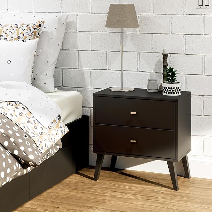Prepac Milo Mid-Century Modern 2 Drawer Nightstand, Bedside Table, Contemporary Bedroom Furniture, 16"D x 25"W x 25"H, Black