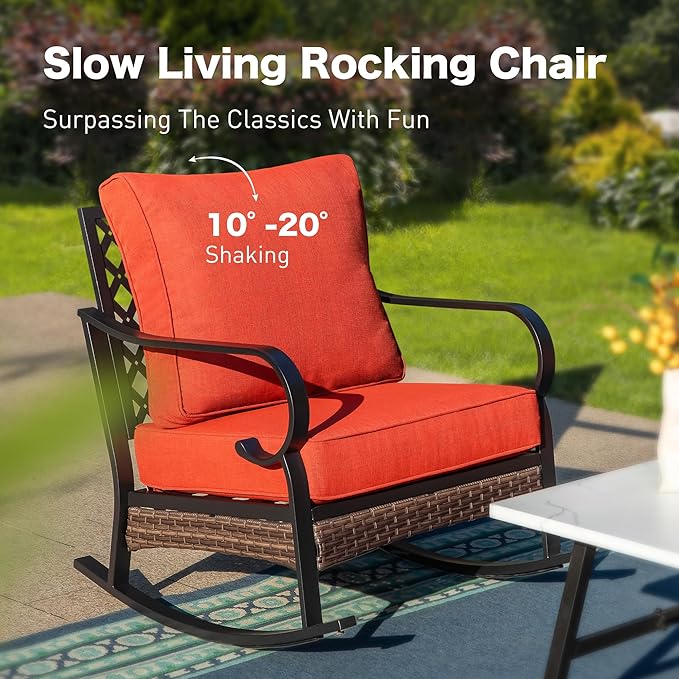 6 Piece Metal Outdoor Patio Furniture Set, Patio Conversation Set with Rocking Chair and 5.75" Thick Cushion & Coffee Tabl, Outdoor Seating Black Frame Backyard Furniture, Rust Red