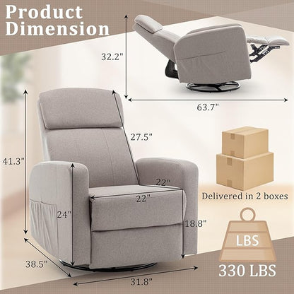 Power Swivel Recliner Chairs for Adults, Electric Glider Rocking Chair Nursery, Glider Recliner Nursery Chair with Classified Side Pocket, Nursery Rocking Chairs with USB and Type-C Ports