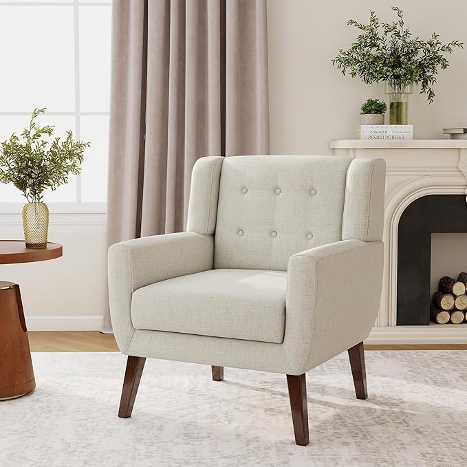 Accent Chair, Modern Fabric Armchair for Living Room, Comfy Upholstered Arm Chair Tufted for Indoor Bedroom Office Room (Beige)