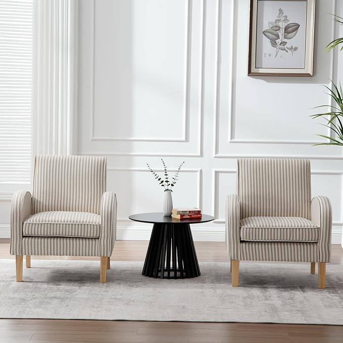 Striped Accent Chair for Living Room Set of 2, Farmhouse Linen Upholstered Striped Arm Chair Seat Reading Chairs Bedroom Side Seating for Home Office, Beige with Stripe