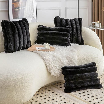 Neelvin Black Faux Fur Cozy Soft Striped Decorative Throw Pillow Covers 22x22 inch Set of 2,Velvet Pillowcase Cushion Case for Sofa Couch