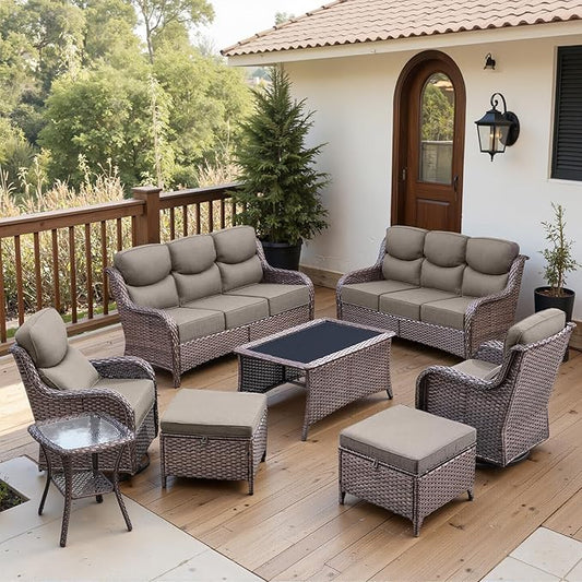 Belord Luxury 6" Thick Cushioned 8 Pieces Patio Furniture Set with Outdoor Couch, Wicker Outdoor Conversation Set with High Back Swivel Rocker Chairs for Deck Porch Yard and Poolside - Brown+Grey