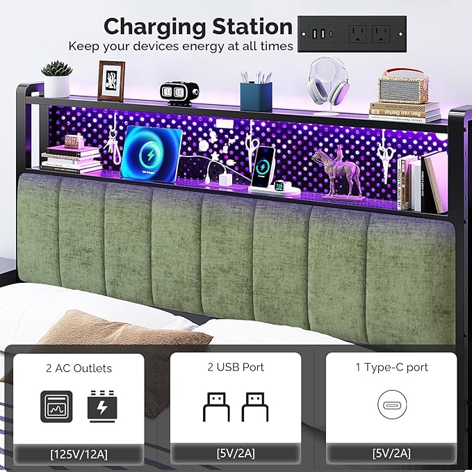 VINGLI Full Size Headboard Only, Adjustable Upholstered Headboard with 2 Tier Shelves and Pegboard with Charging Stations and LED Lights, Modern Bed Headboard with Storage for Bedroom Decor